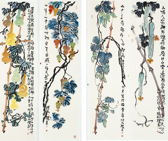 苏凤智作品9《山嵎人家耕野烟 山中多奇趣 自生自灭任天然 定杆缔葫芦》128X32cmX4.jpg