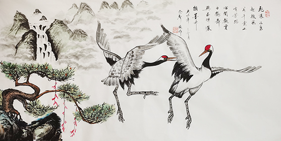 佘声俊作品14《飞瀑流泉起微风 万千云山有芳踪 心闲观赏白鹤舞 兴至挥洒翰墨中》.jpg