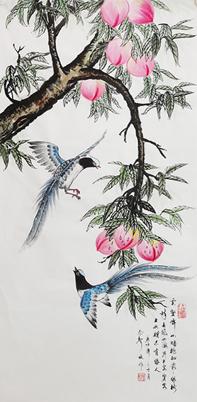 佘声俊作品6《云壑仙山蟠桃红 丛丛绿树醉春风 四海升平宴宾客 王母赠果有缘人》寿带鸟与仙桃.jpg