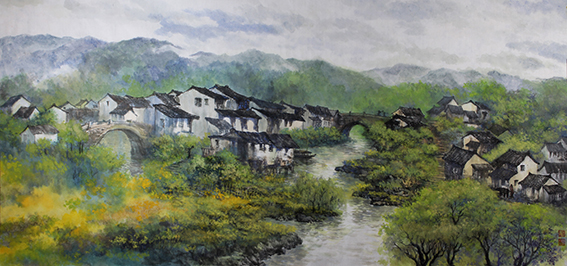 1626678741983786.jpg 盛絜作品17《江边庄里有双桥》 005 规格:136cm×67cm.jpg